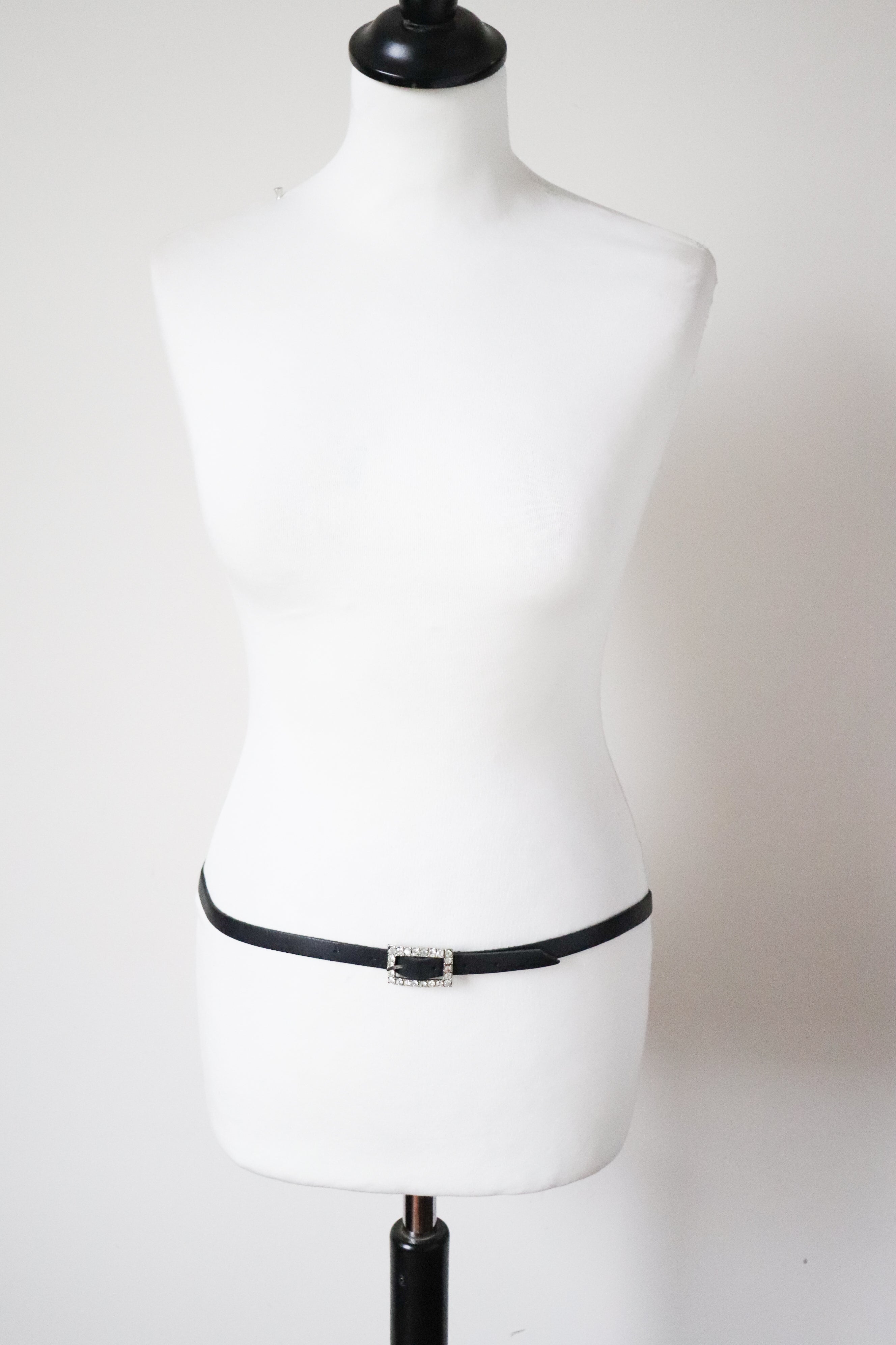 Skinny Black Leather Rhinestone Buckle Belt -  Vintage -  M / L