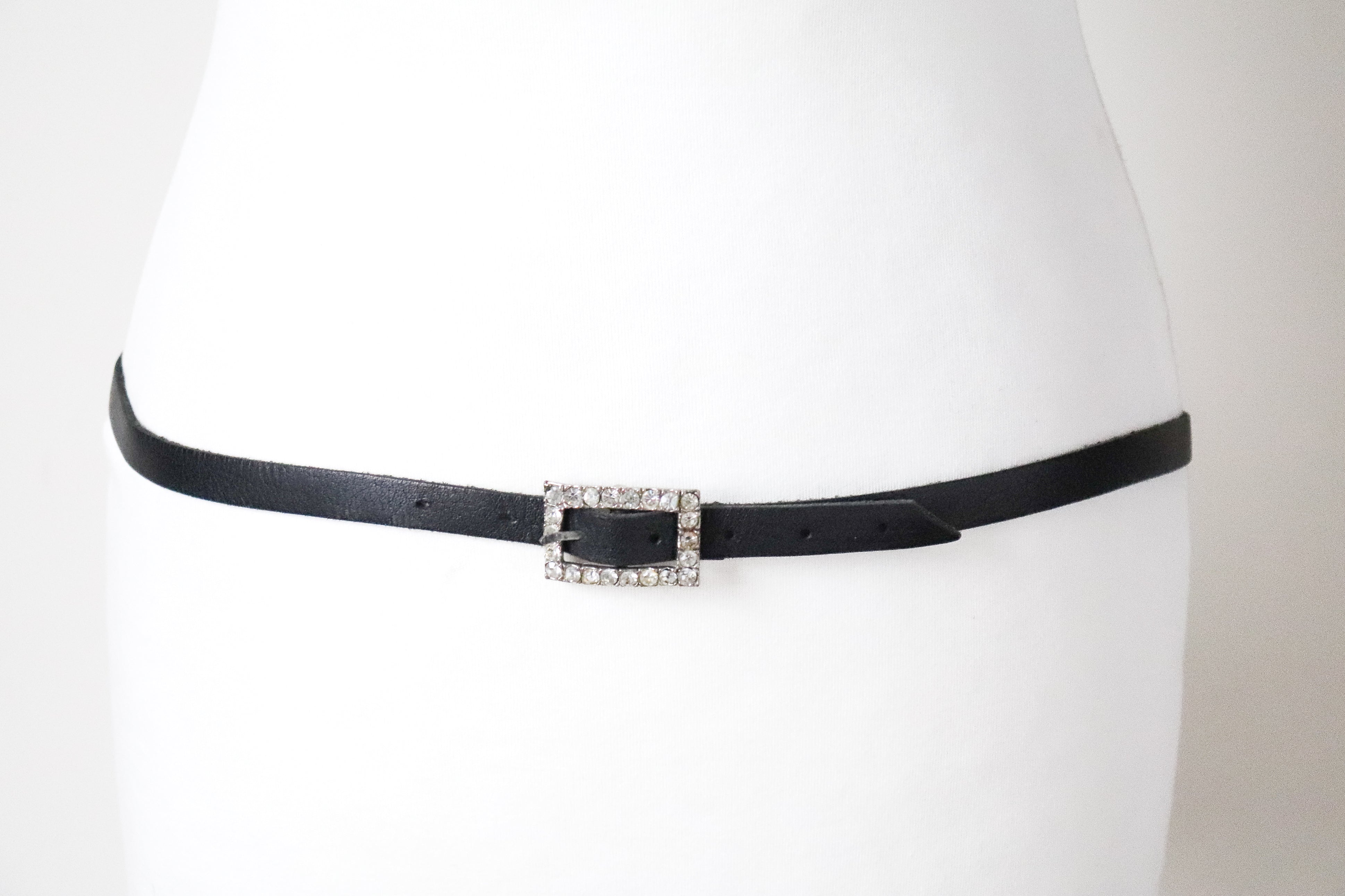 Skinny Black Leather Rhinestone Buckle Belt -  Vintage -  M / L