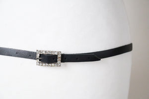 Skinny Black Leather Rhinestone Buckle Belt -  Vintage -  M / L