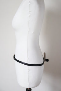 Skinny Black Leather Rhinestone Buckle Belt -  Vintage -  M / L