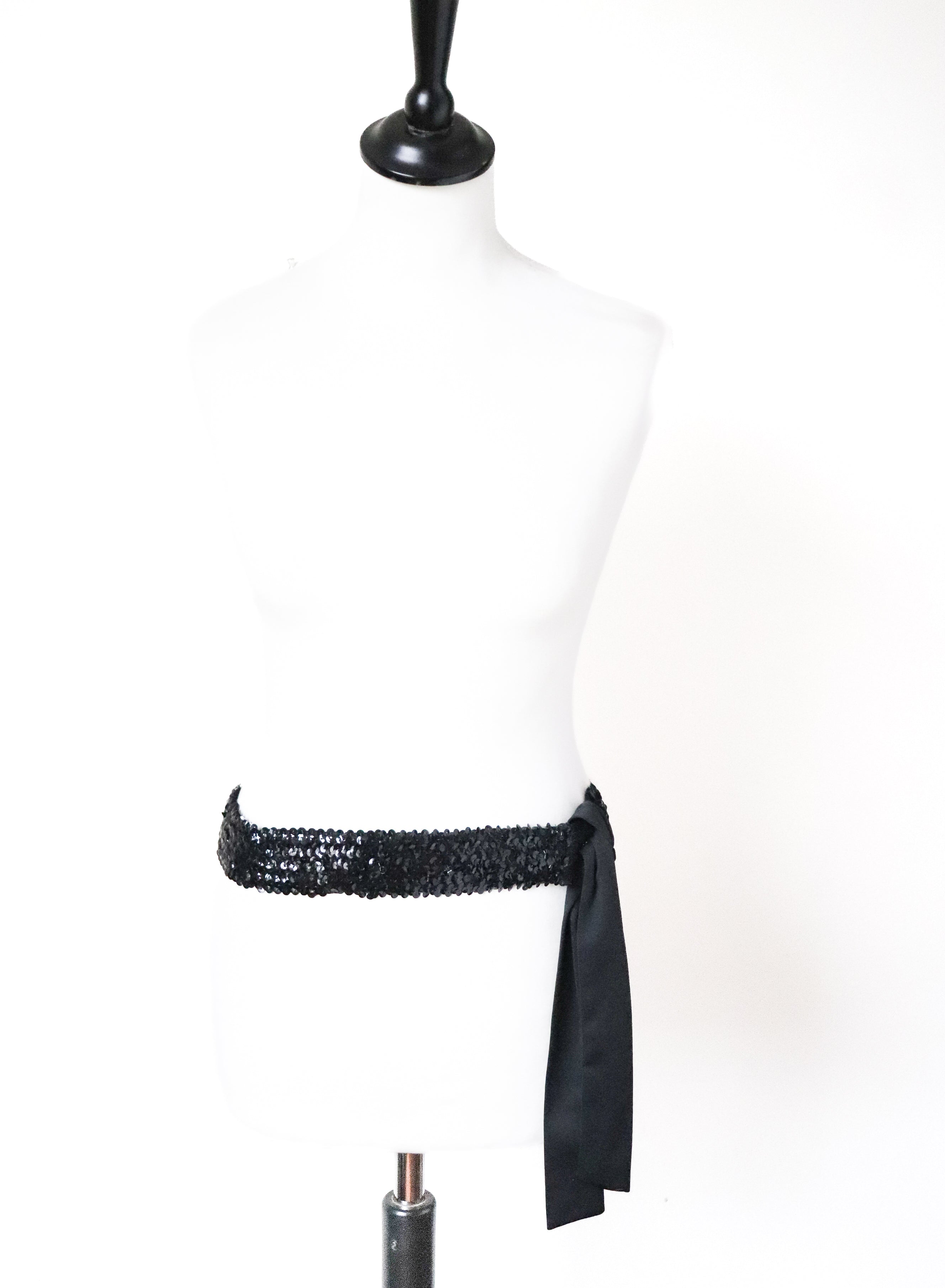Vintage Stretchy Sequin Belt - Black Fabric - M / L