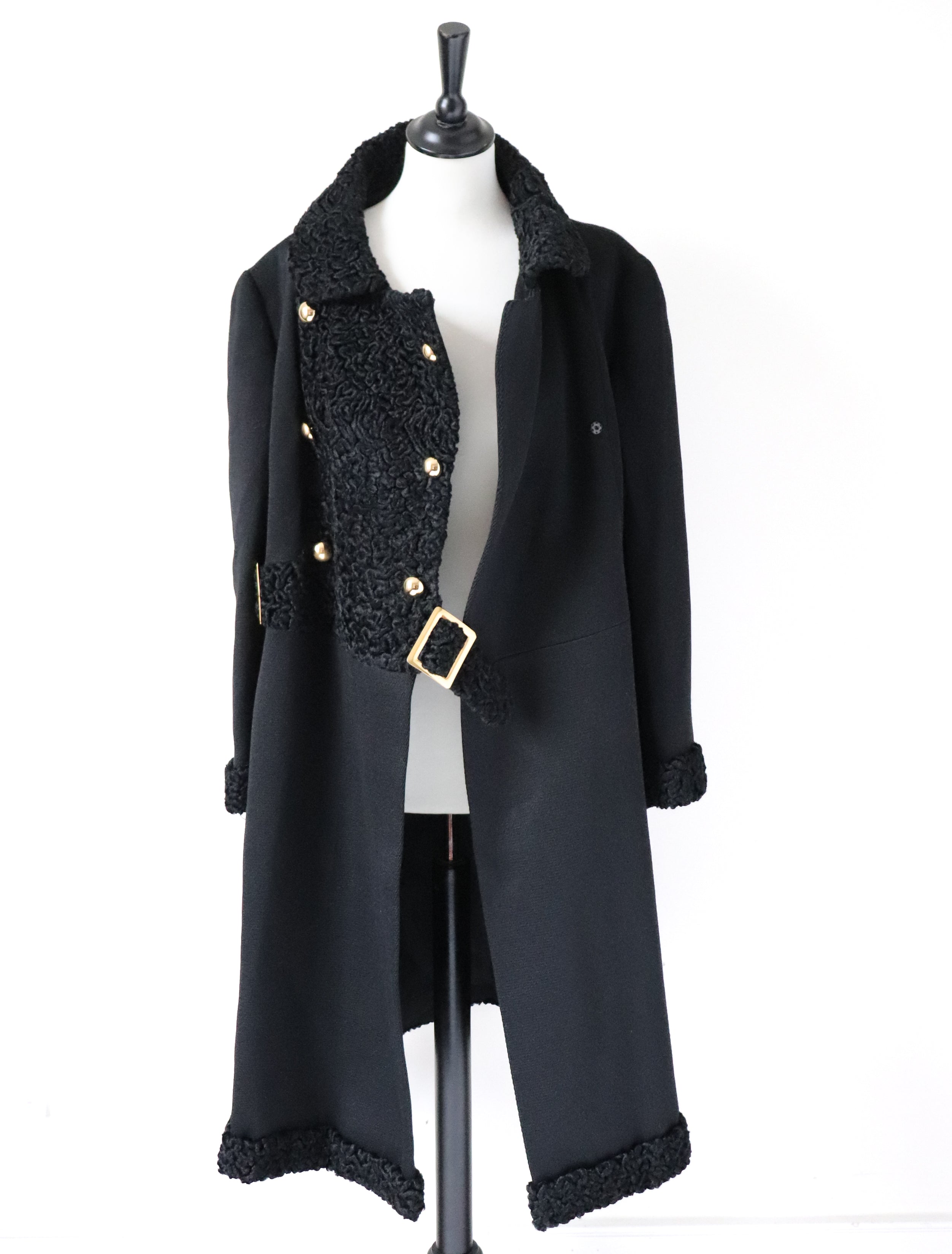 Black Wool Astrakhan Winter Coat -Vintage 1960s - XL  / UK 16