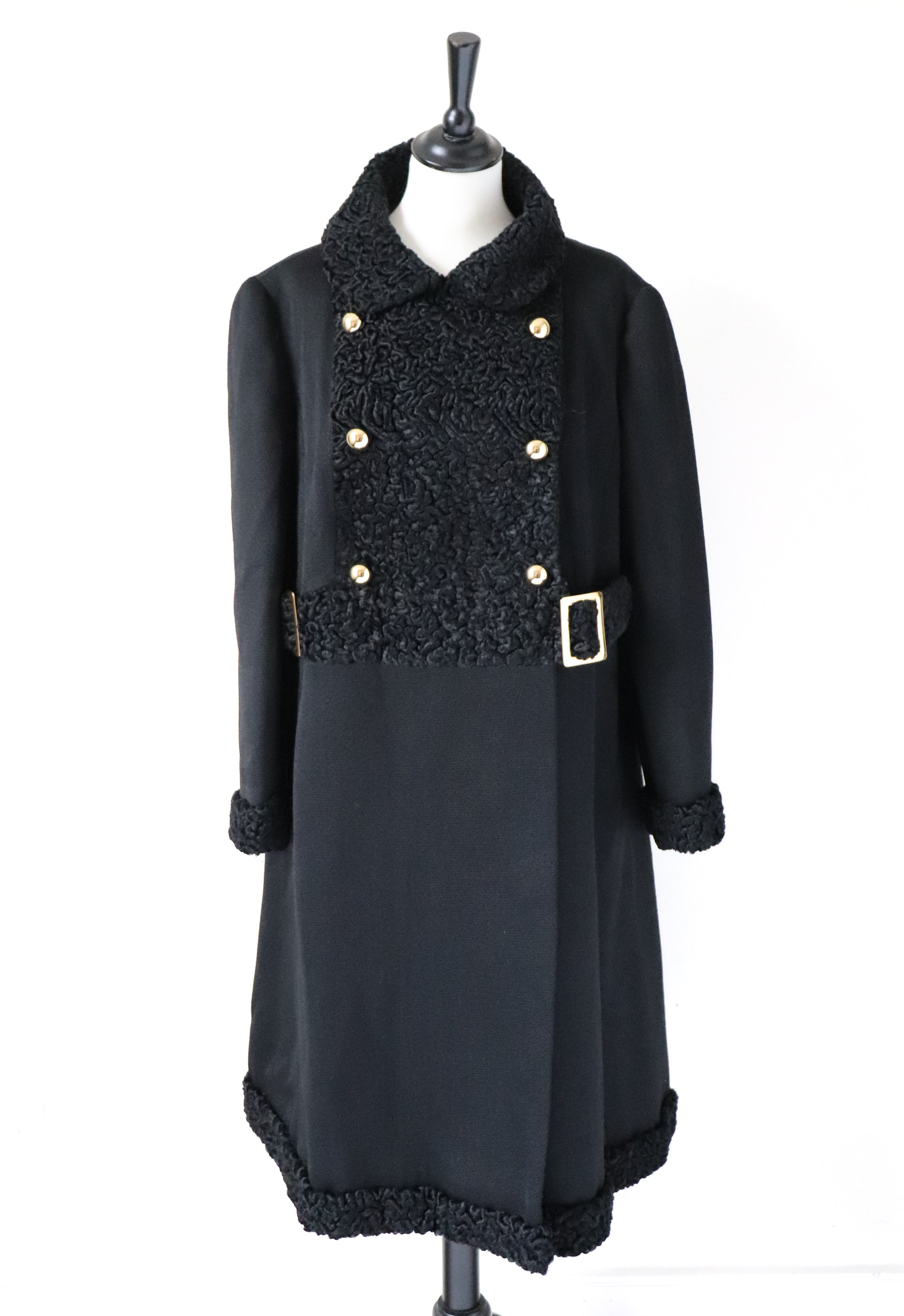 Black Wool Astrakhan Winter Coat -Vintage 1960s - XL  / UK 16