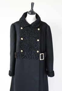 Black Wool Astrakhan Winter Coat -Vintage 1960s - XL  / UK 16