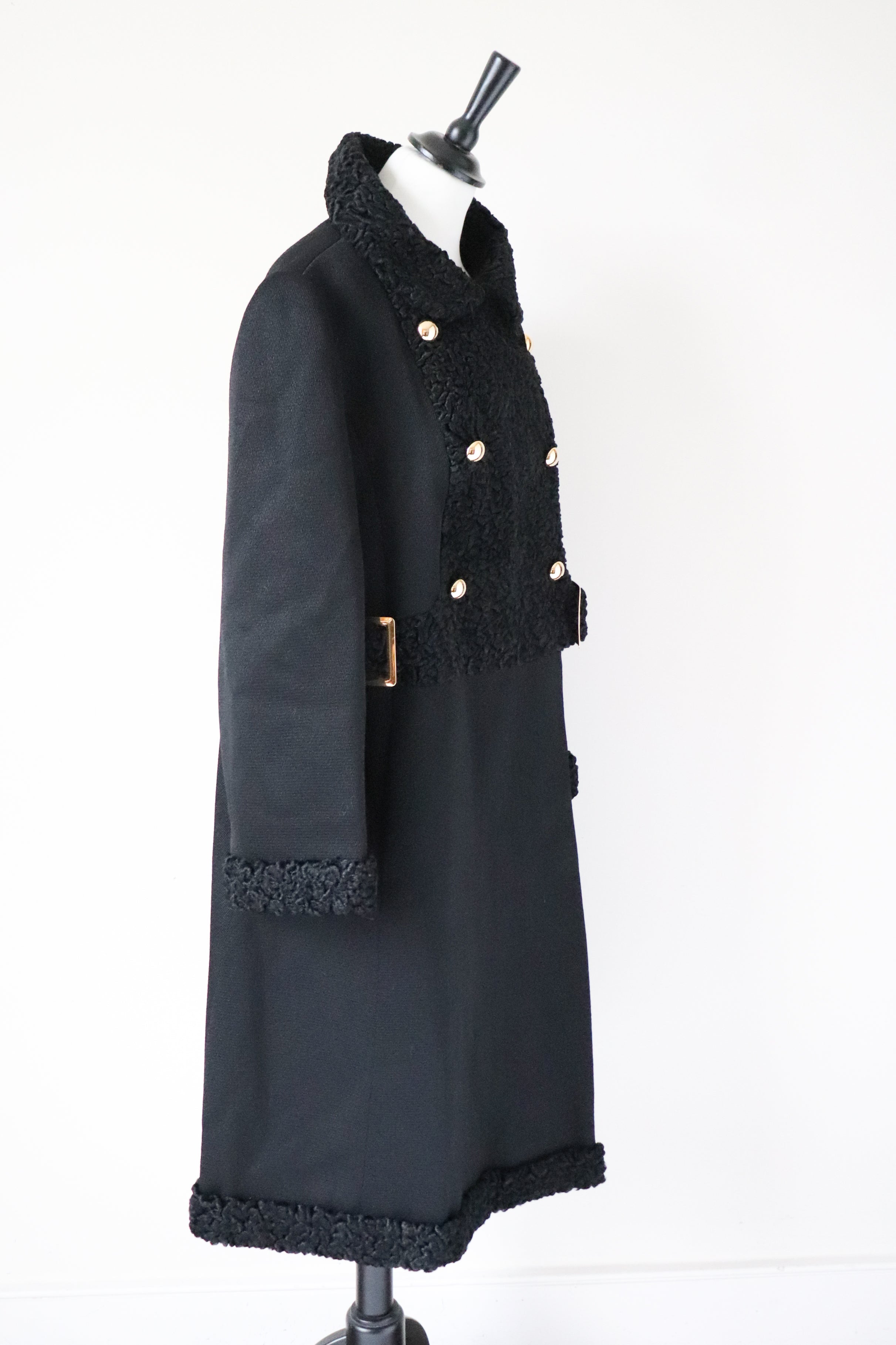 Black Wool Astrakhan Winter Coat -Vintage 1960s - XL  / UK 16