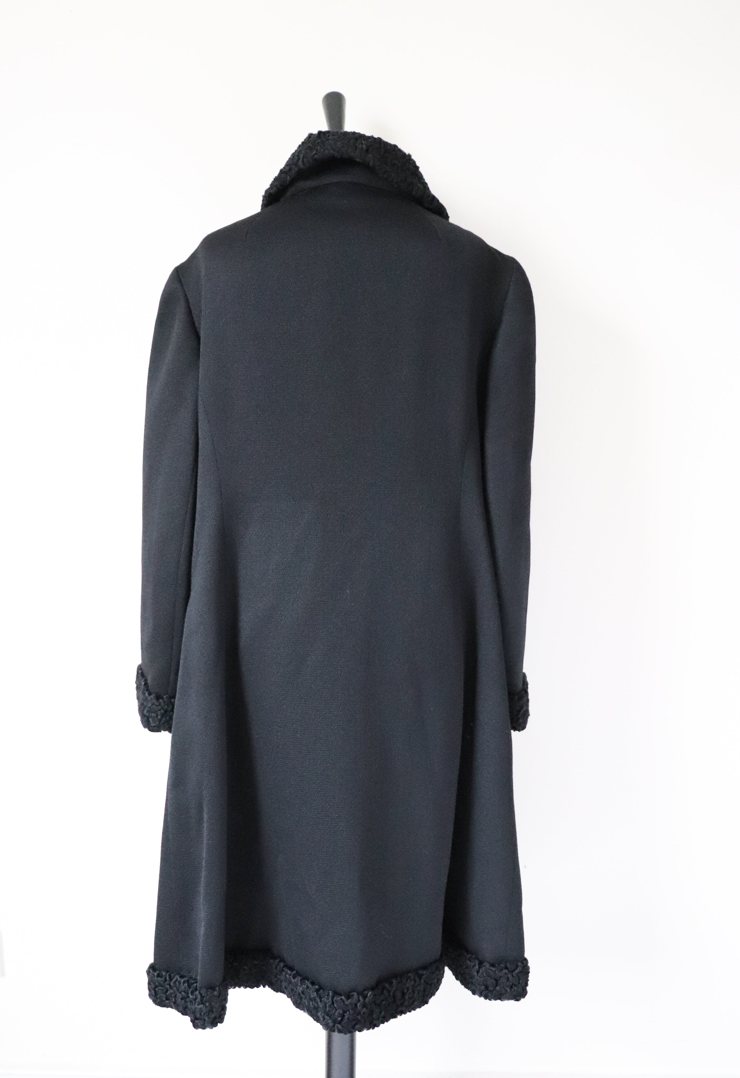 Black Wool Astrakhan Winter Coat -Vintage 1960s - XL  / UK 16