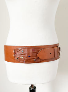 Wide Tan Brown Leather Vintage Belt - 1980s - Alexander - Small / Medium