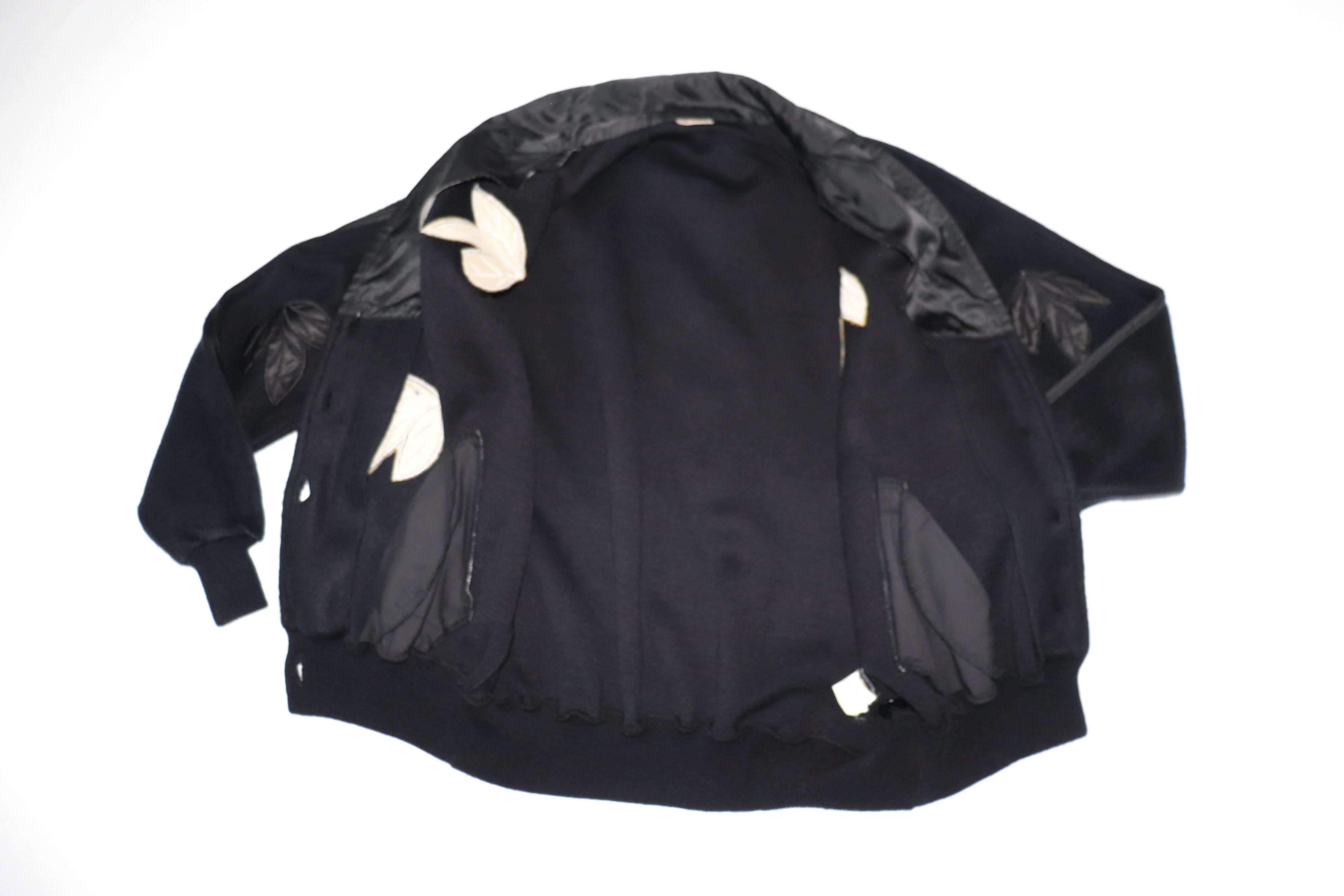 Vintage Black Fleece Cardigan - Satin Applique -  S/ M - UK 10 / 12
