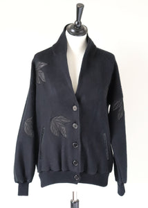 Vintage Black Fleece Cardigan - Satin Applique -  S/ M - UK 10 / 12