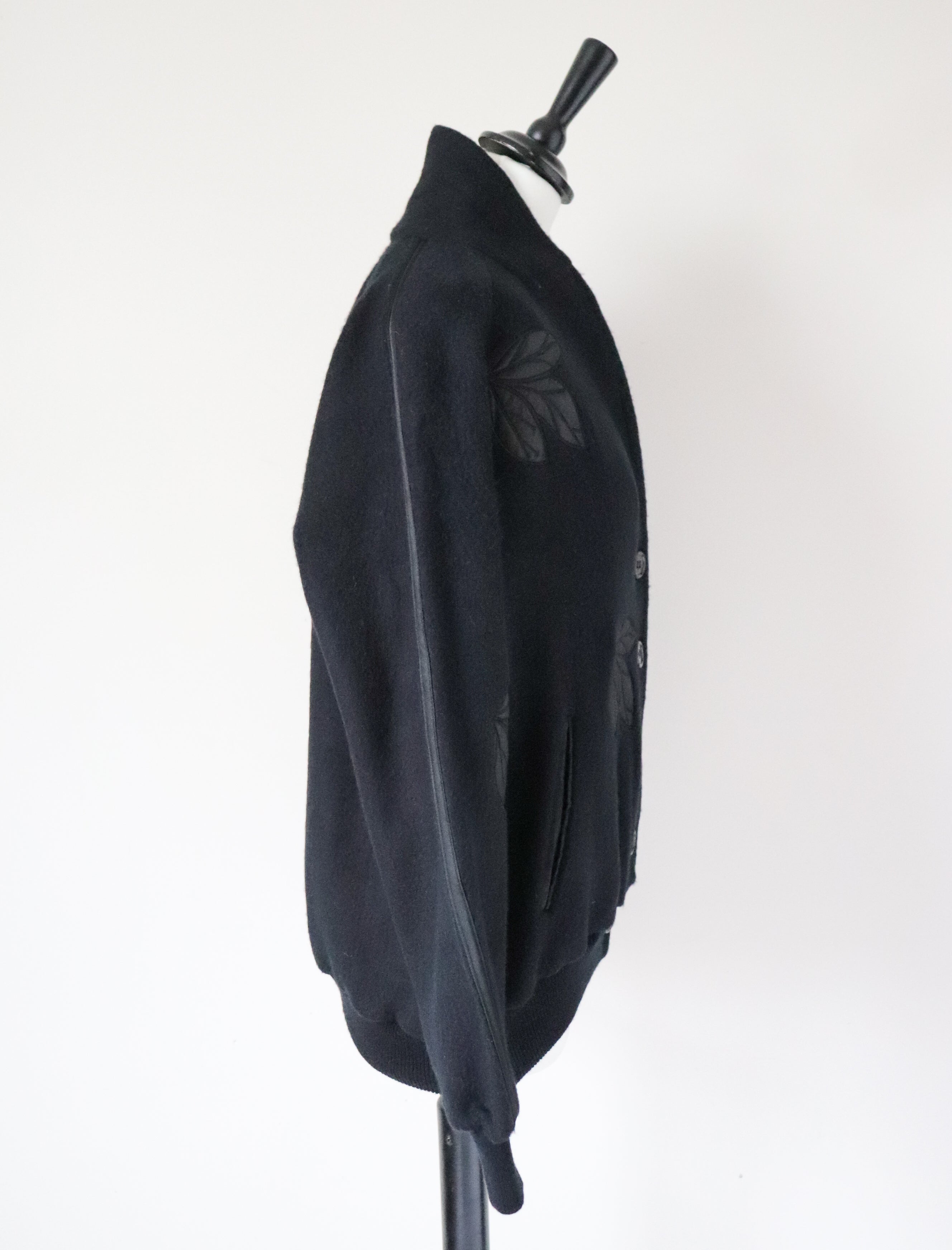 Vintage Black Fleece Cardigan - Satin Applique -  S/ M - UK 10 / 12