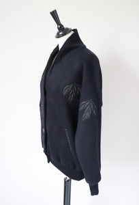 Vintage Black Fleece Cardigan - Satin Applique -  S/ M - UK 10 / 12