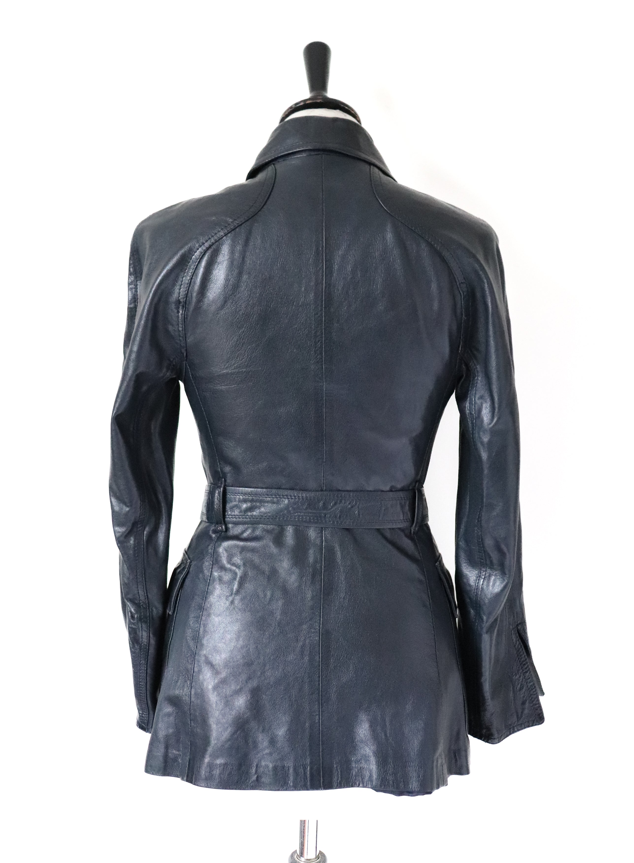 Womens Leather Jacket - Blue - Belted - Vintage 1980s - XXS / UK 6 (Petite)