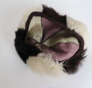 Genuine Sheepskin Fur 1970s Helmet  / Beret Hat - Brown / Cream - Vintage - L