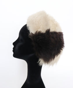 Genuine Sheepskin Fur 1970s Helmet  / Beret Hat - Brown / Cream - Vintage - L