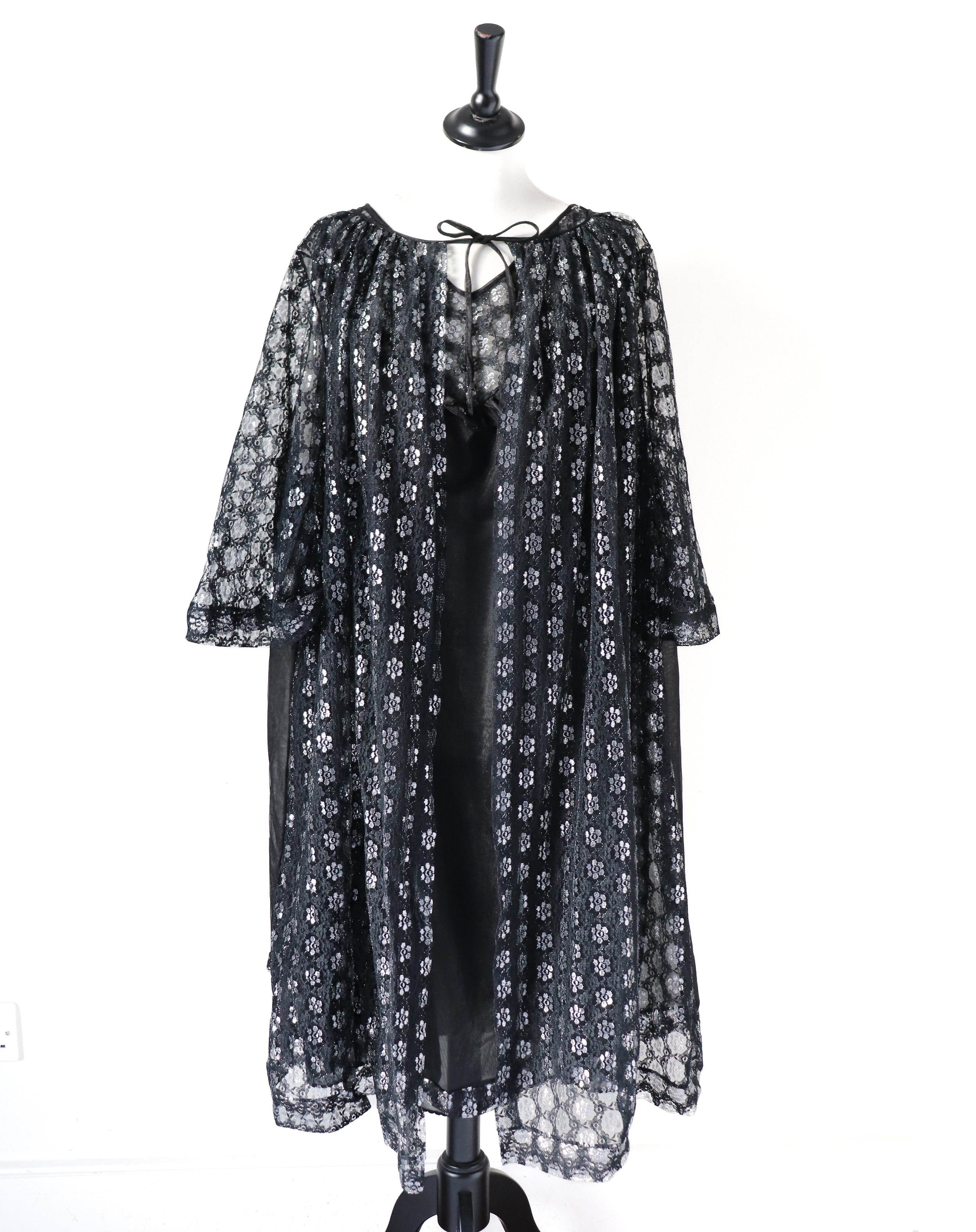 Black / Silver Vintage Evening Gown - 2 Piece 1960s Dress / Coat Negligee