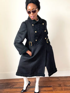 Black Wool Astrakhan Winter Coat -Vintage 1960s - XL  / UK 16