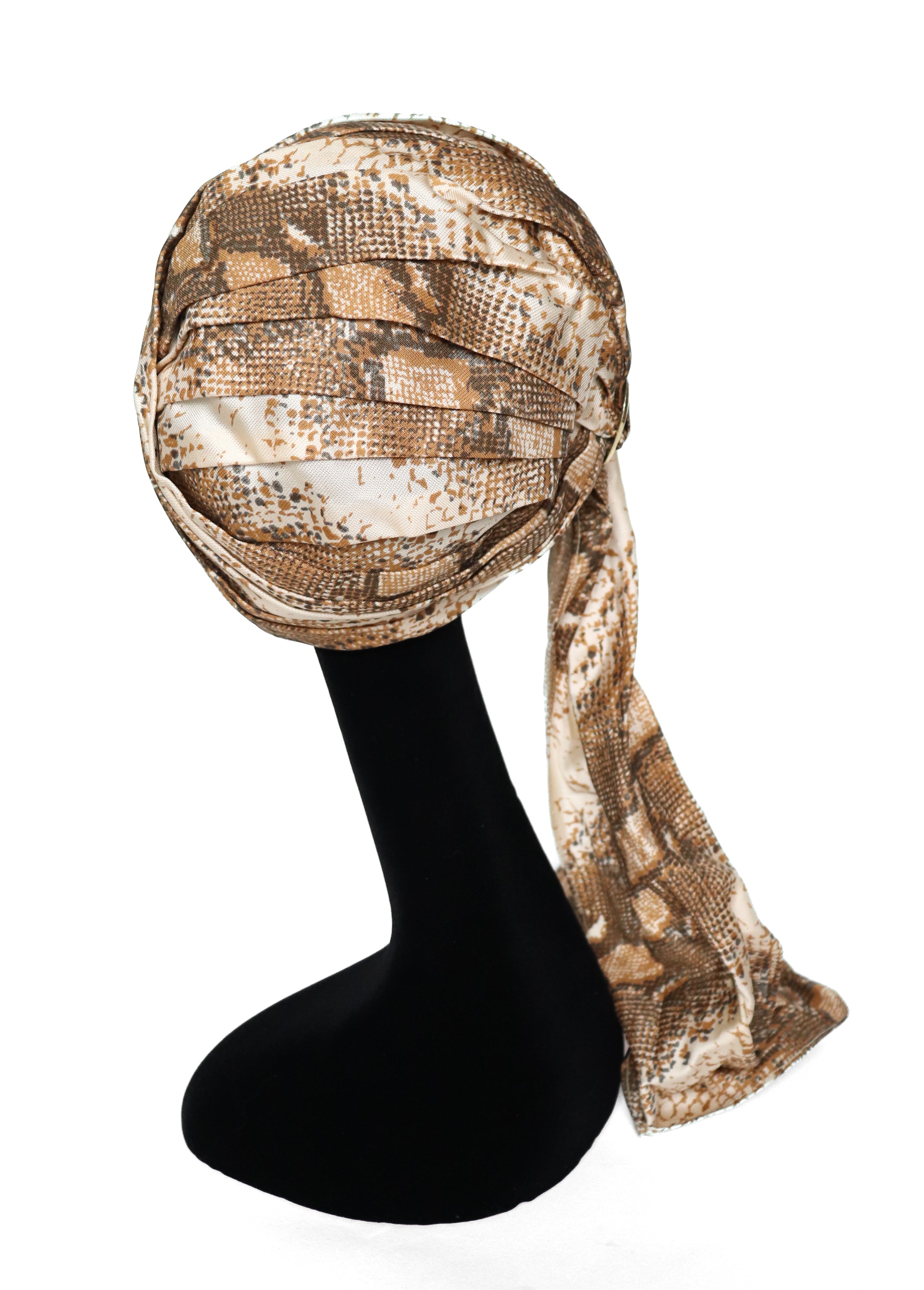 Panda Snakeskin Print 2-Way Turban Hat - Vintage 1960s - Acetate - Beige - L