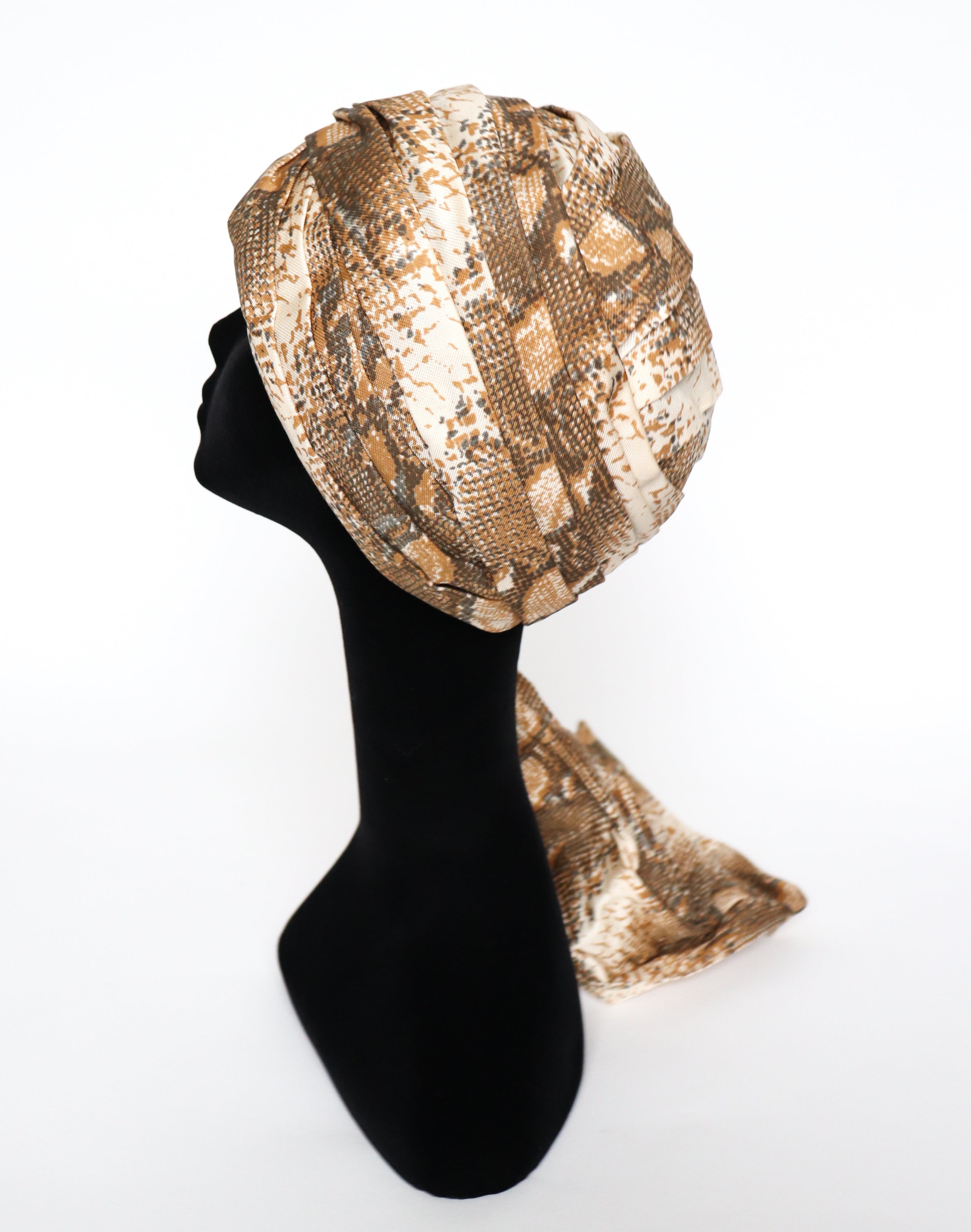 Panda Snakeskin Print 2-Way Turban Hat - Vintage 1960s - Acetate - Beige - L