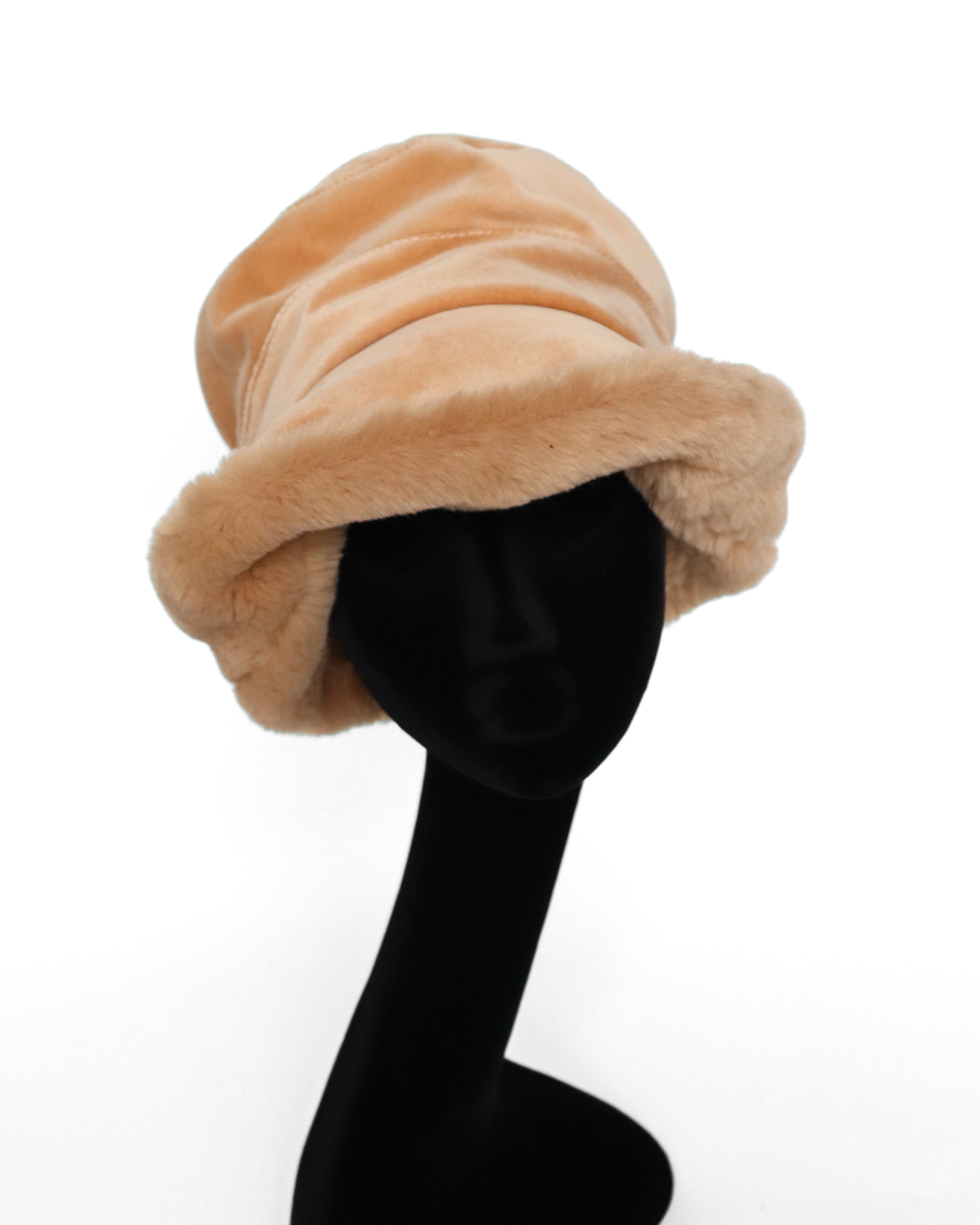 Vintage Ladies Faux Fur Winter Brim Hat  - Beige - Large