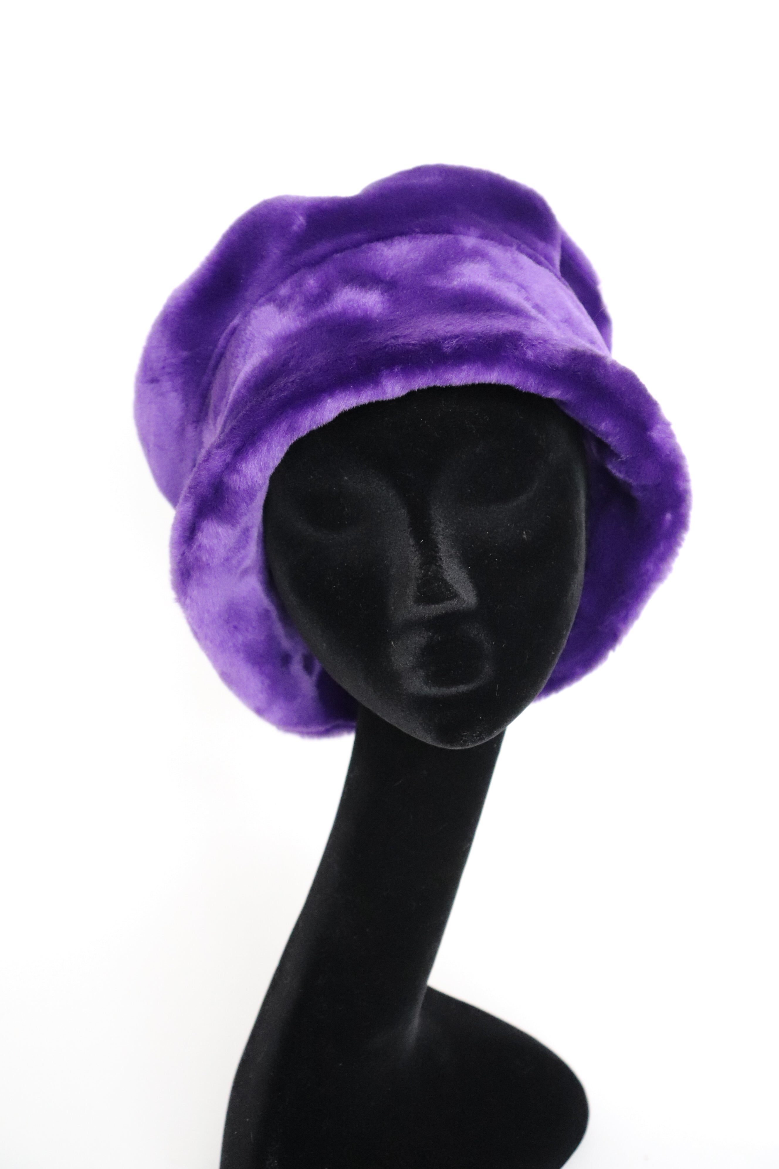 Vintage Ladies Faux Fur Winter Brim Hat  - Purple - X Large