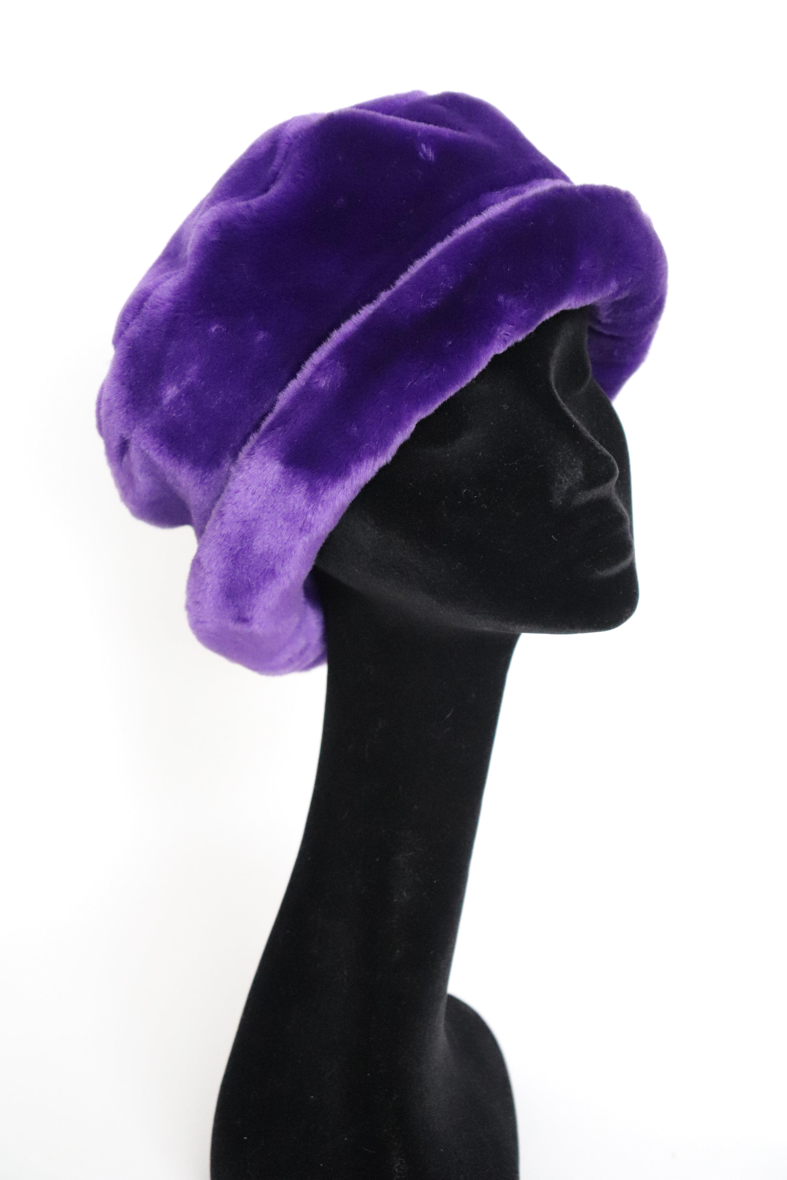 Vintage Ladies Faux Fur Winter Brim Hat  - Purple - X Large