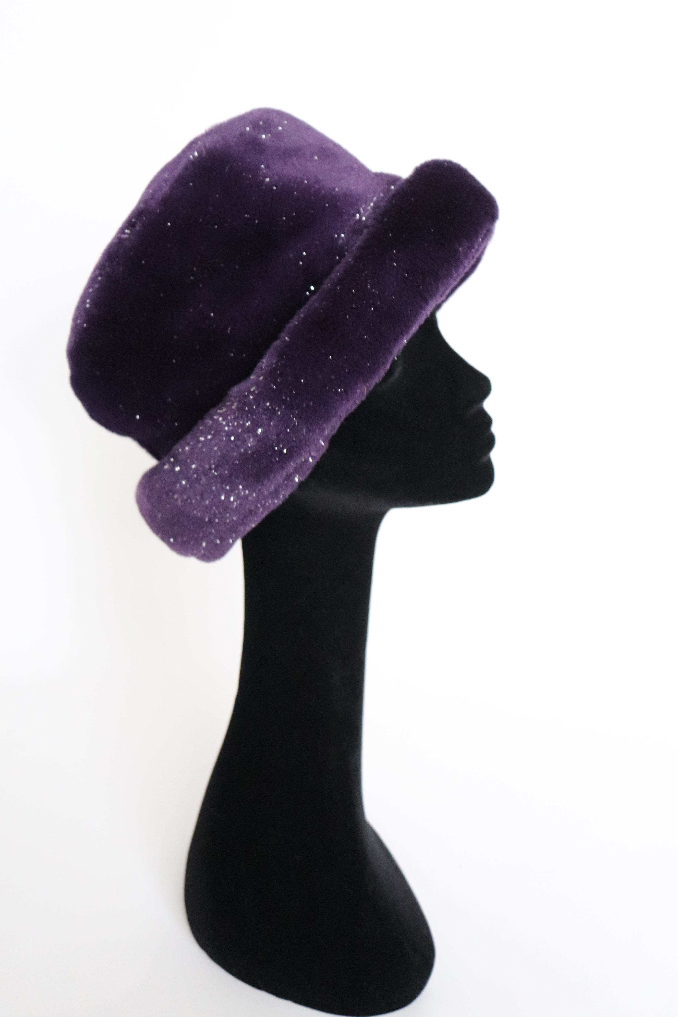 Ladies Faux Fur Winter Brim Hat - Sparkly Purple - L / XL