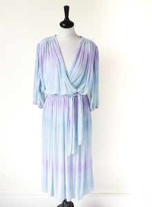 Pleated Pastel Wrap Dress - Vintage 1980s - Brigitte - Fit M / L  - UK 12 / 14