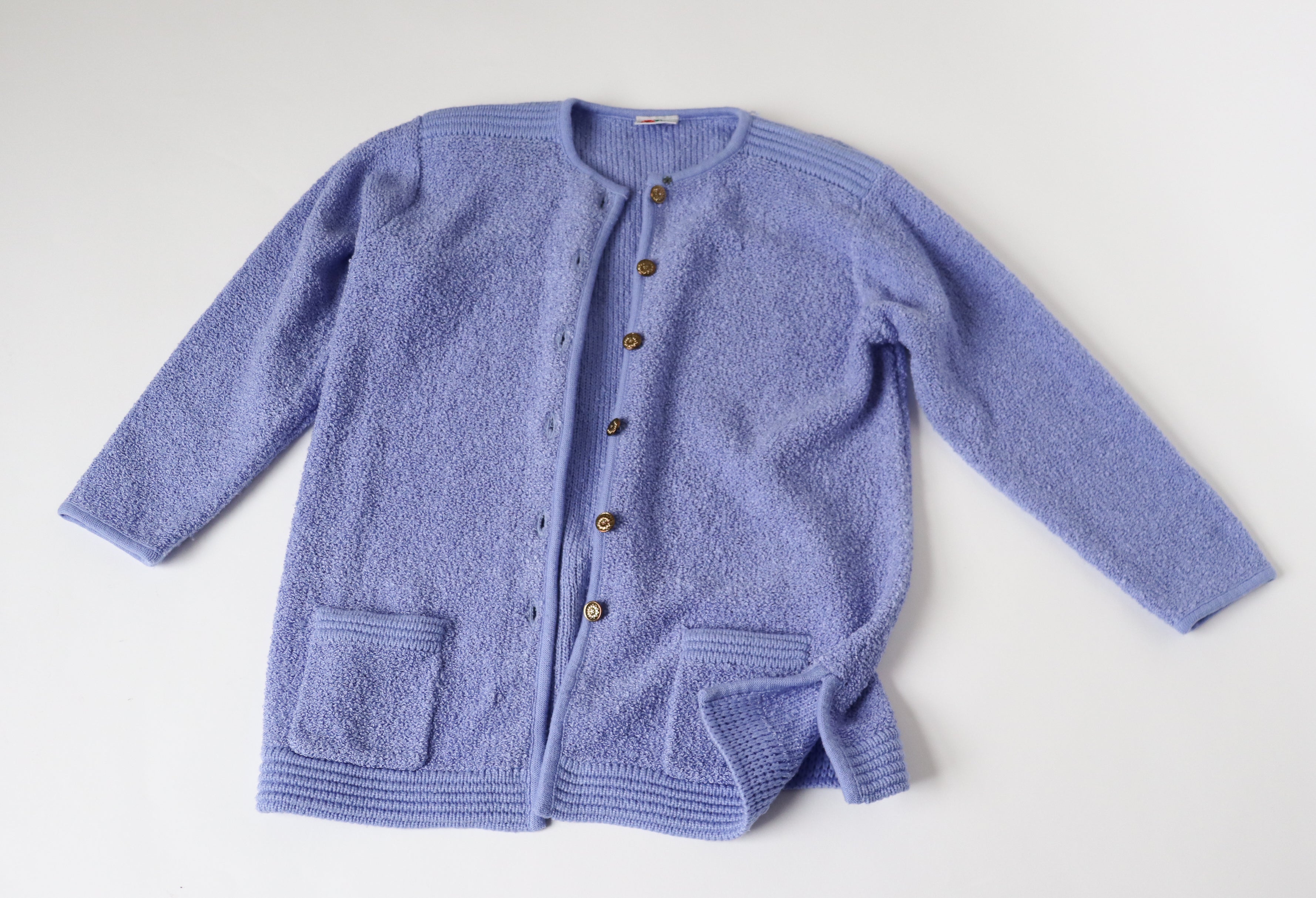 Collarless Boucle Knit Vintage Jacket  - Lilac Purple - M / L