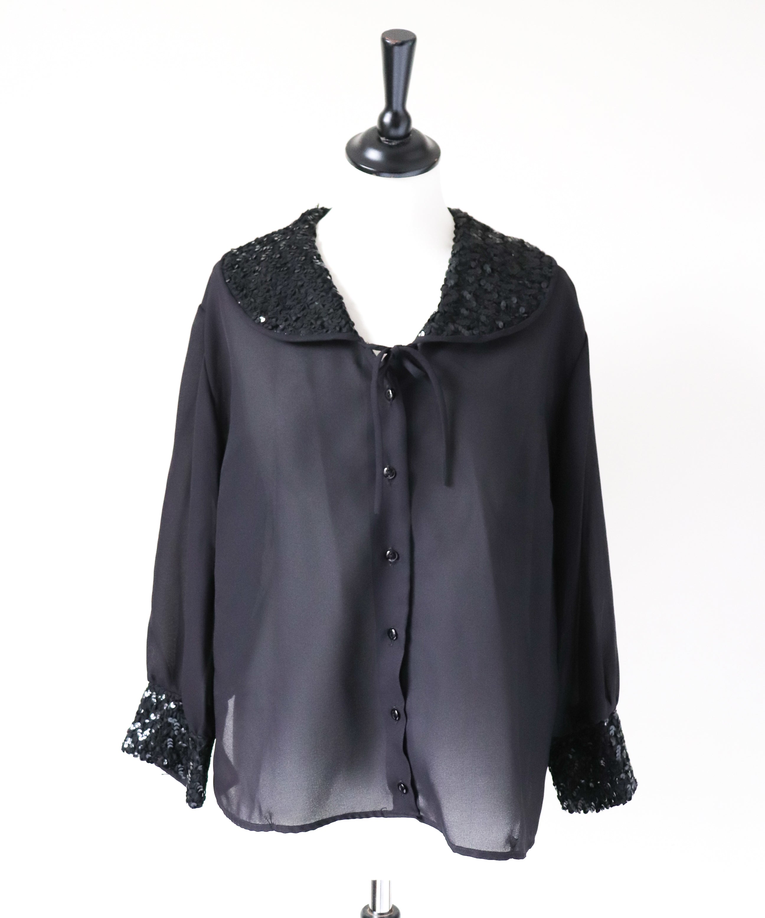 Black 1960s Evening Blouse - Sequin Peter Pan Collars  - Fit M / 12