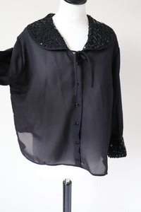 Black 1960s Evening Blouse - Sequin Peter Pan Collars  - Fit M / 12