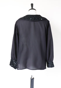 Black 1960s Evening Blouse - Sequin Peter Pan Collars  - Fit M / 12