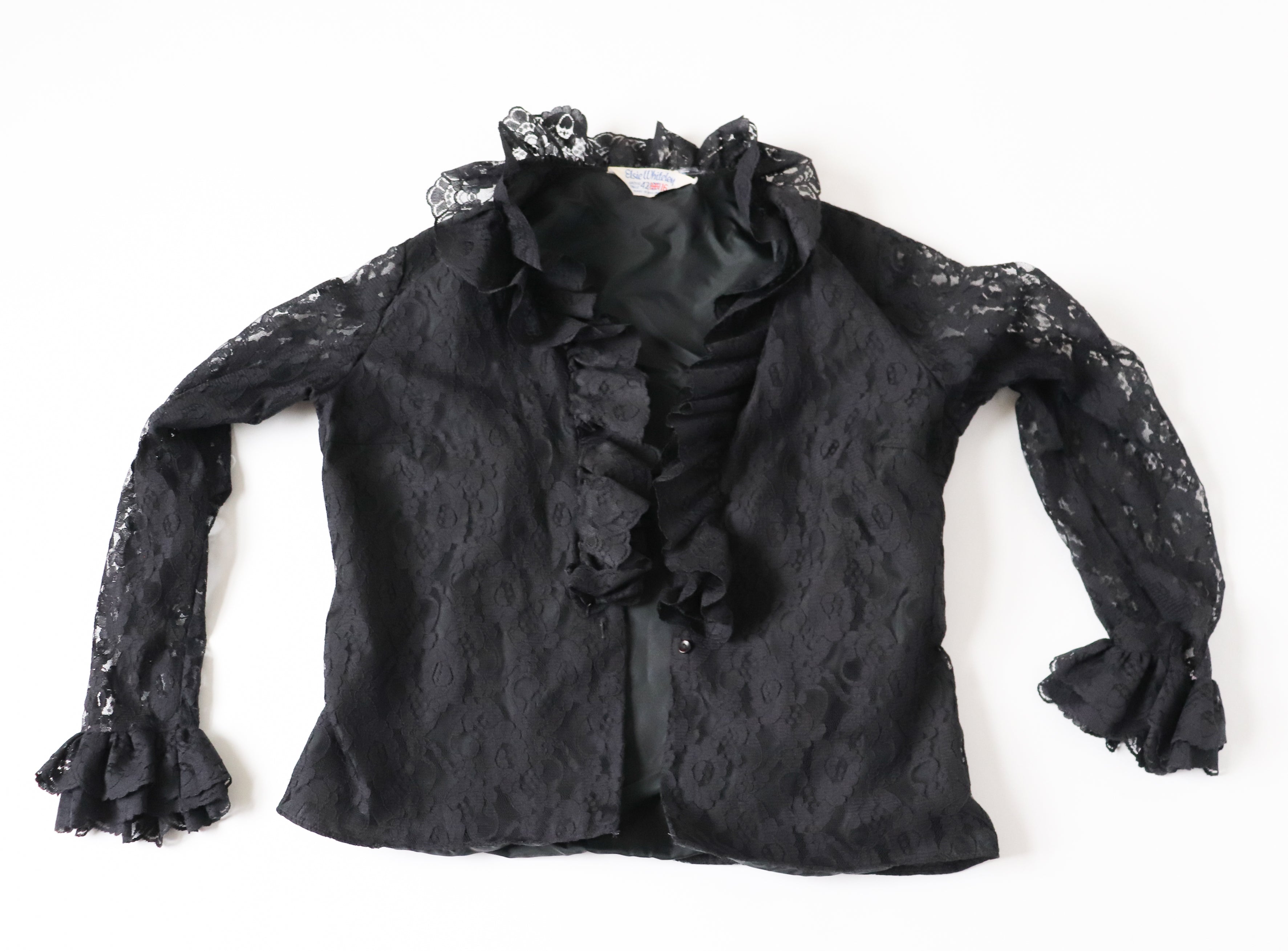 Vintage Black Lace Ruffle Blouse - 1960s Elsie Whiteley -  Fit M / UK 12