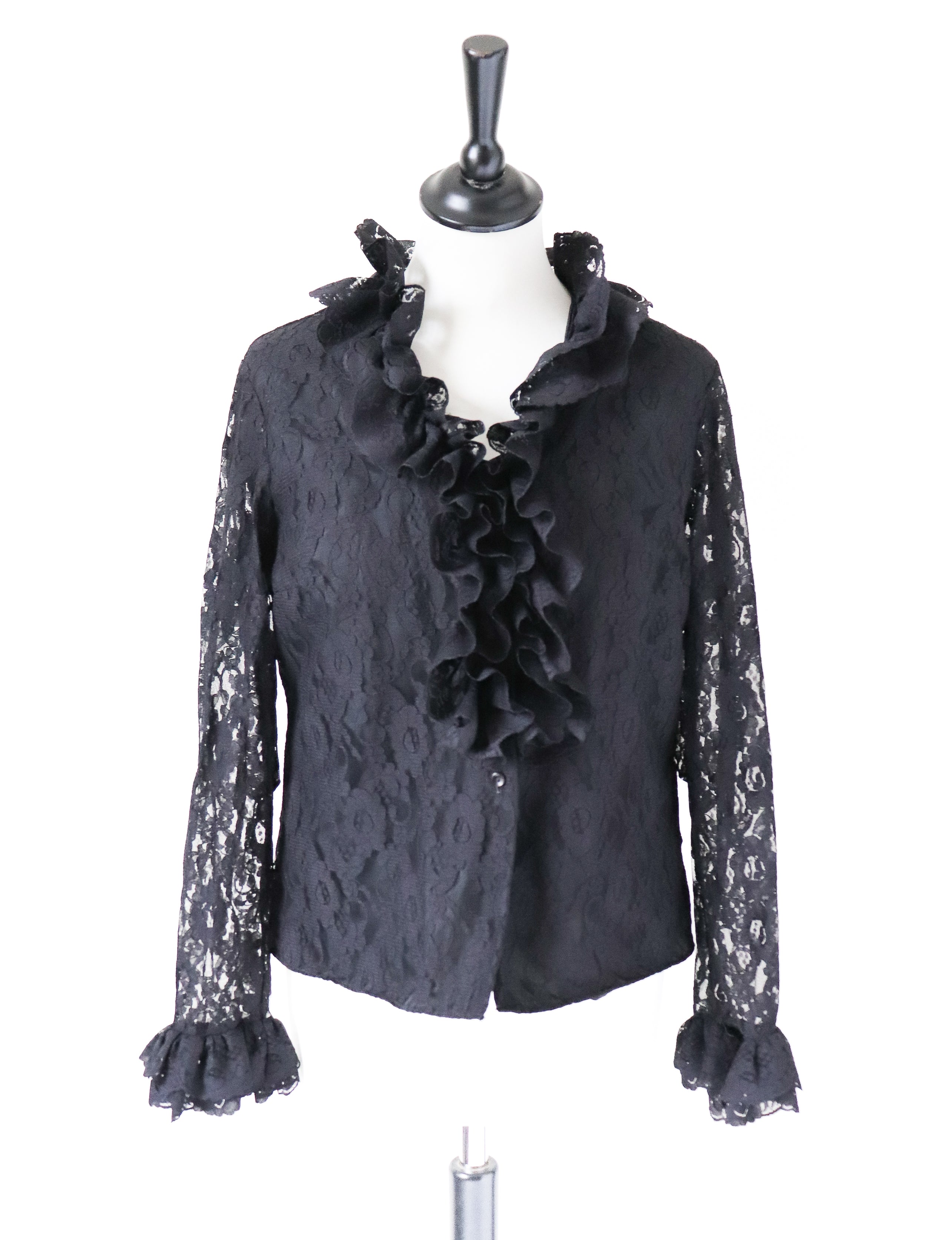 Vintage Black Lace Ruffle Blouse - 1960s Elsie Whiteley -  Fit M / UK 12