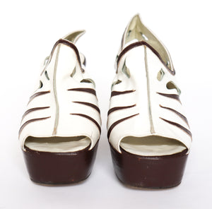 Vintage 1970s Platform Slingback Shoes - Bargess - White / Brown Leather - Fit 38 / UK 5