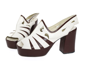 Vintage 1970s Platform Slingback Shoes - Bargess - White / Brown Leather - Fit 38 / UK 5