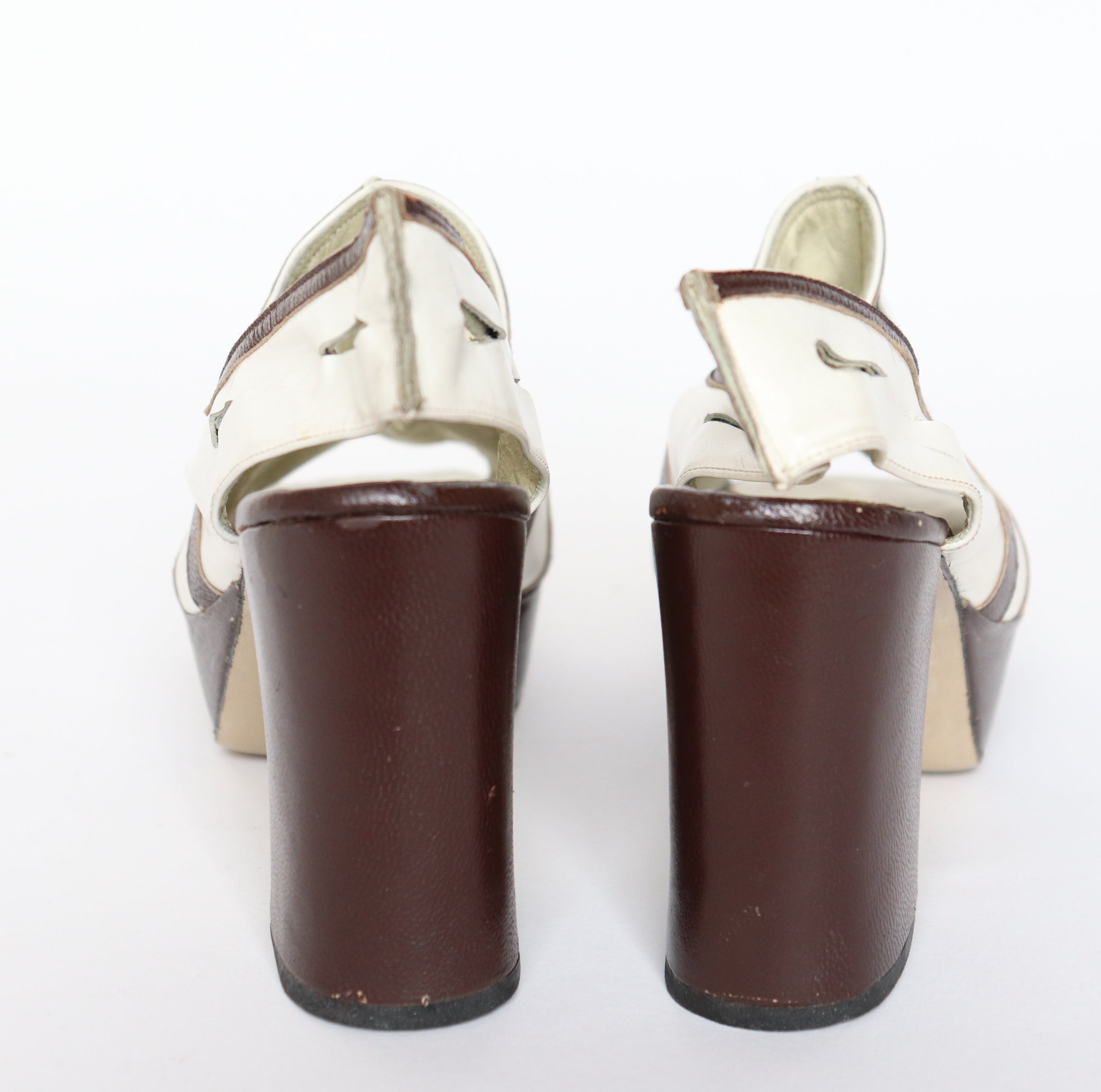 Vintage 1970s Platform Slingback Shoes - Bargess - White / Brown Leather - Fit 38 / UK 5