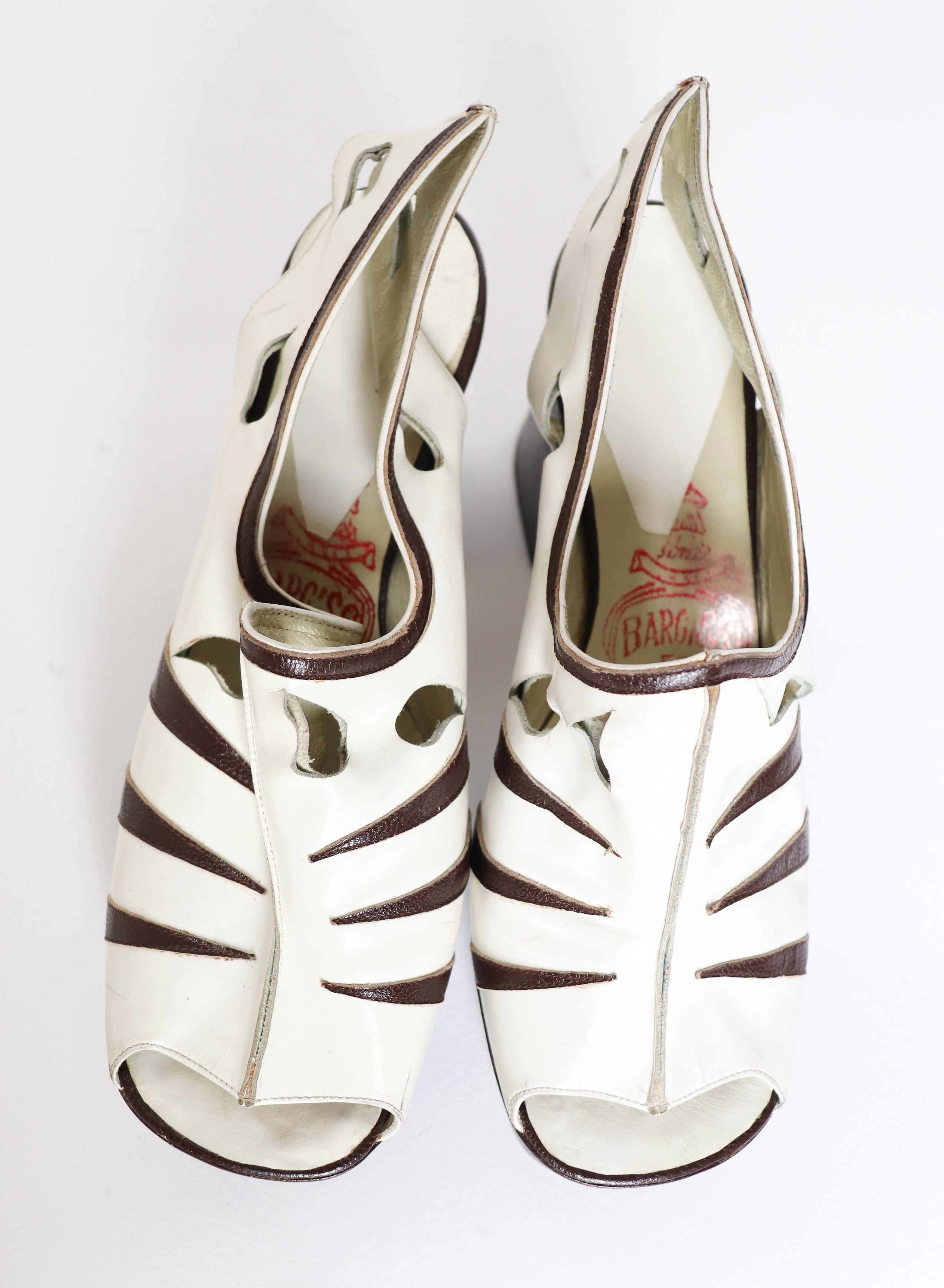 Vintage 1970s Platform Slingback Shoes - Bargess - White / Brown Leather - Fit 38 / UK 5