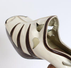 Vintage 1970s Platform Slingback Shoes - Bargess - White / Brown Leather - Fit 38 / UK 5