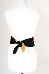 Suede Leather Obi Belt Tie - 1970s Vintage - Black / Multicolours - S/ M