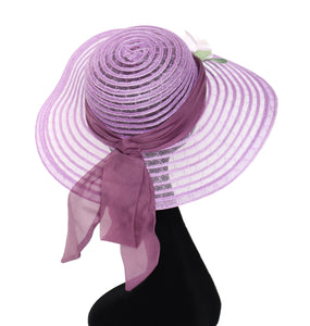 Vintage Wide Brim Summer Hat - 1970s - Lilac Mesh - Rose / Bow Trim - M