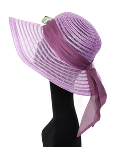 Vintage Wide Brim Summer Hat - 1970s - Lilac Mesh - Rose / Bow Trim - M
