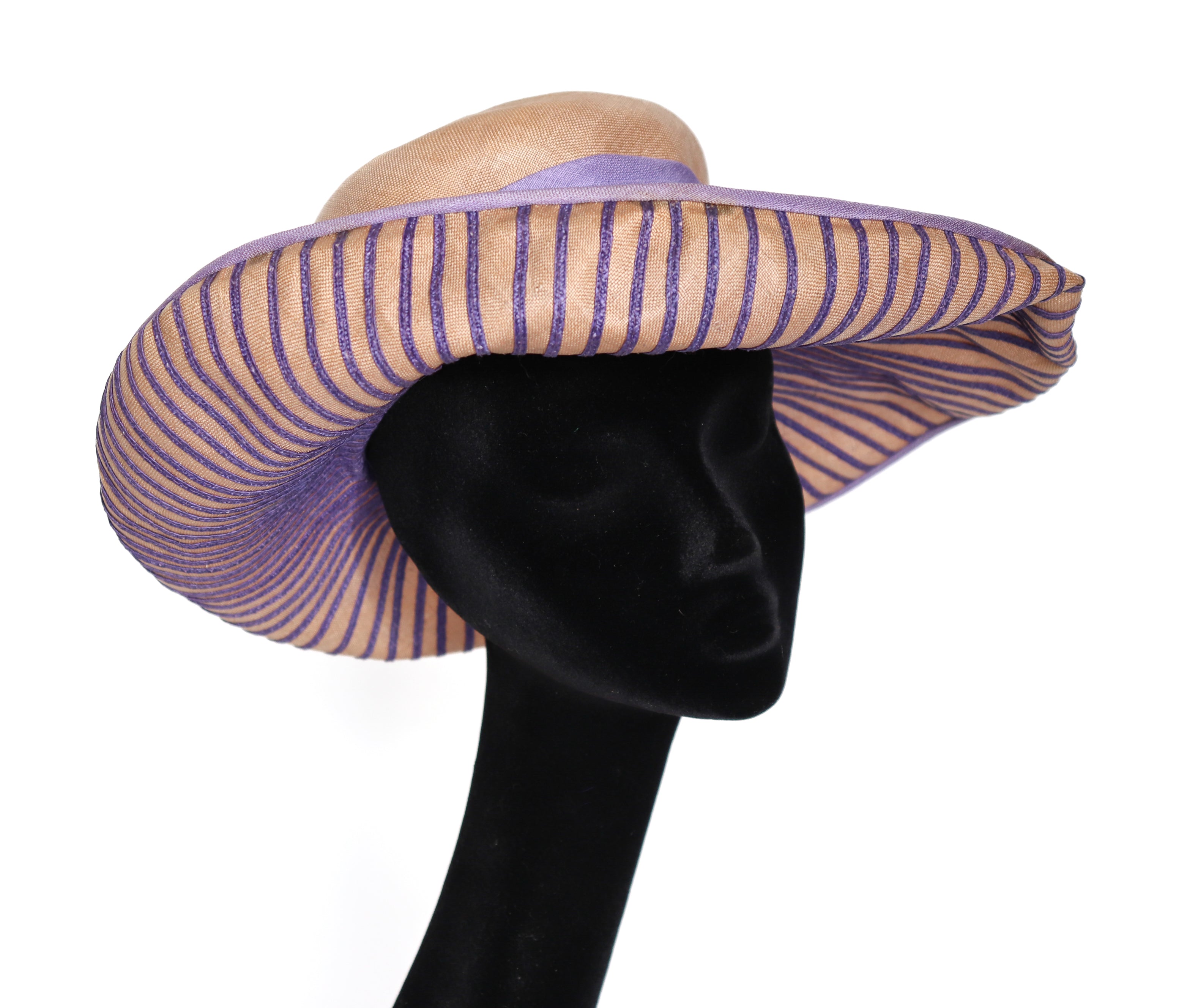 Vintage Wide Brim Mouldable Sun Hat - 1960s - Striped Lilac / Beige - S/M