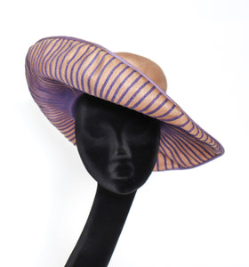 Vintage Wide Brim Mouldable Sun Hat - 1960s - Striped Lilac / Beige - S/M