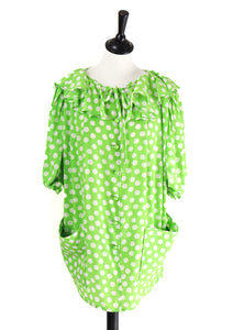 Ungaro Silk Tunic Blouse - Vintage Green Spotted Short Sleeves - Fit M / UK 12