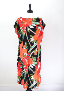 Vintage 1980s Polyester Dress - Berbright - Orange Floral Print - Fit L / UK 14