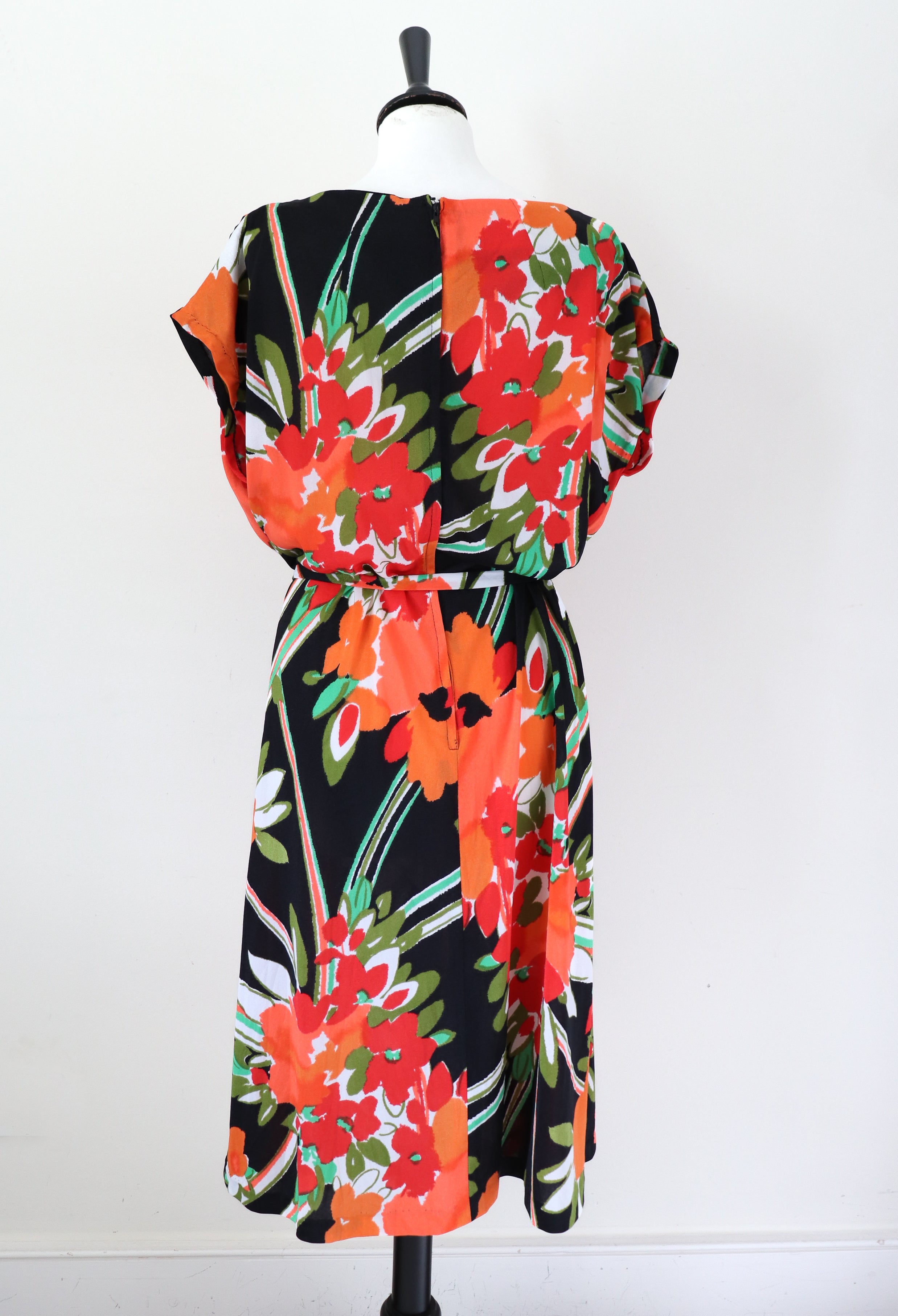 Vintage 1980s Polyester Dress - Berbright - Orange Floral Print - Fit L / UK 14