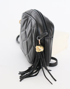 Crossbody Chain Bag - Quilted Black - Black FAUX Leather - Small