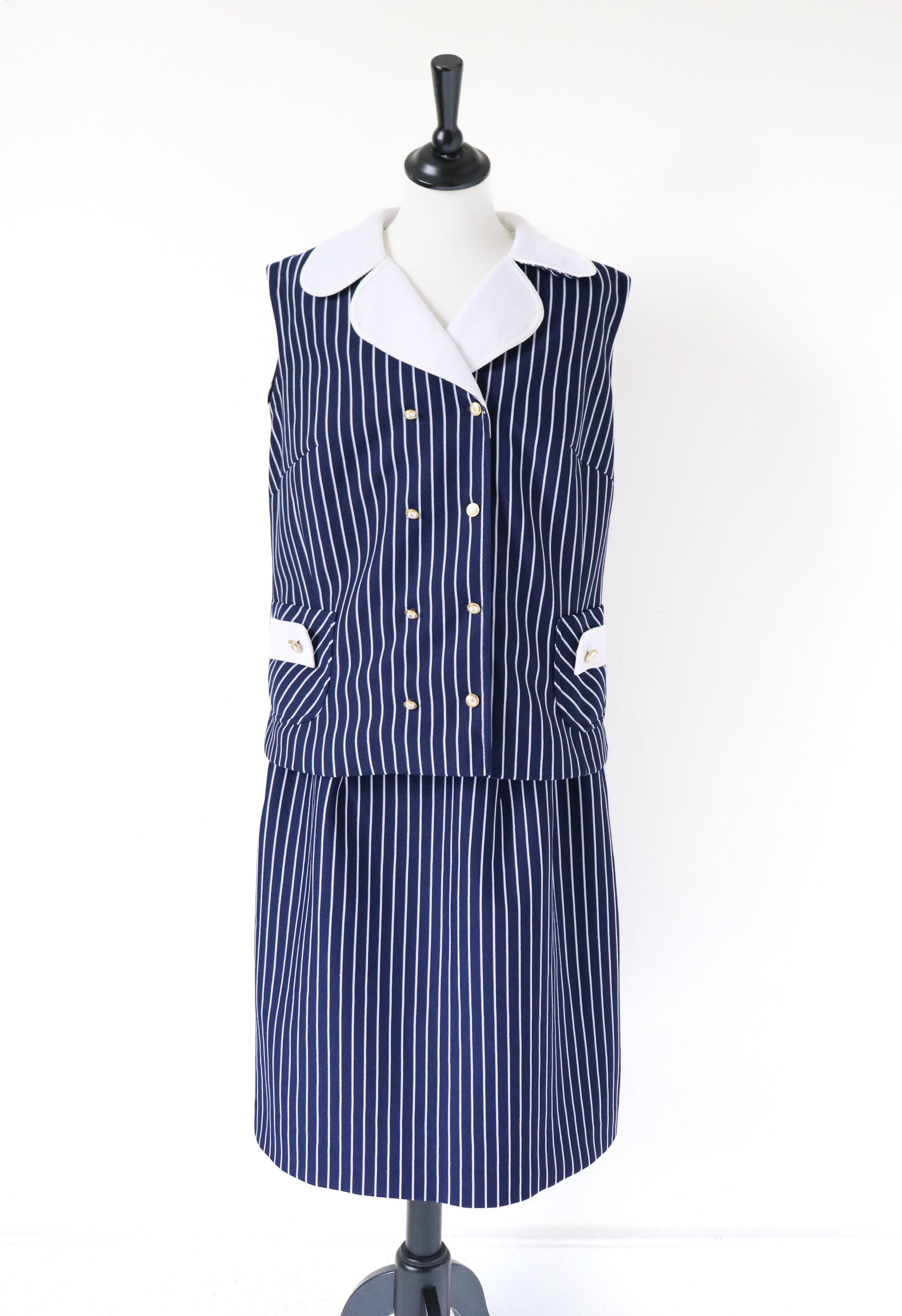 Vintage Skirt and Waistcoat Suit  - 1960s Blue Nautical Striped - Fit L / UK 14