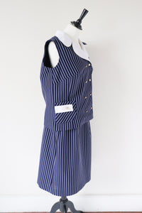 Vintage Skirt and Waistcoat Suit  - 1960s Blue Nautical Striped - Fit L / UK 14