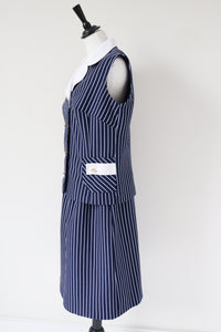 Vintage Skirt and Waistcoat Suit  - 1960s Blue Nautical Striped - Fit L / UK 14